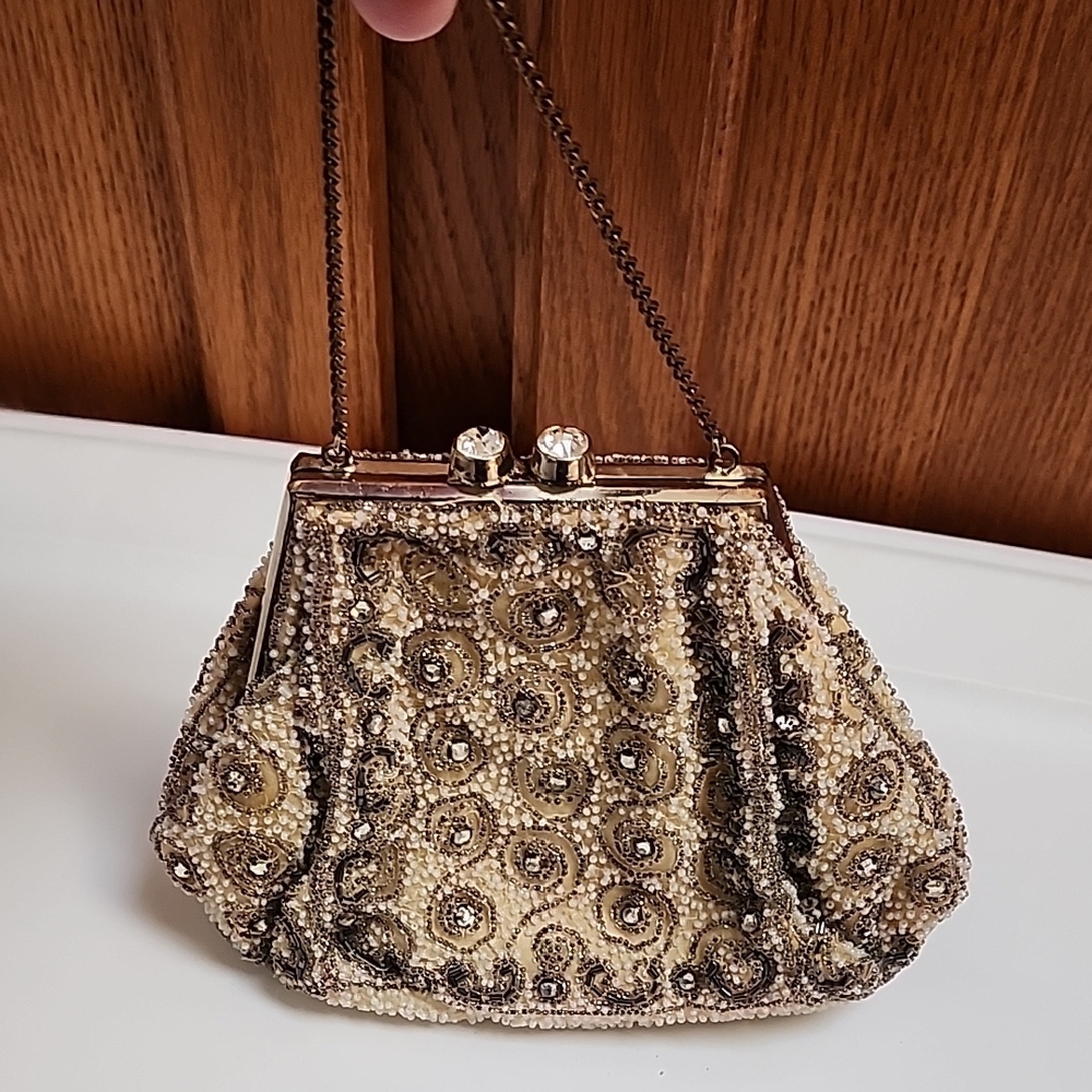 Elegant Beaded Clutch in Cream and Brown